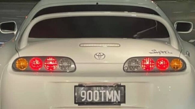 The Toyota Supra was reportedly seen with different number plates at the Coochin Creek United Fruit Growers petrol station in Beerwah on Tuesday night.