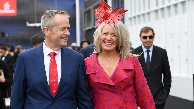 Federal Opposition leader Bill Shorten and his wife Chloe Shorten enjoy the Birdcage at Flemington. Photo: AAP