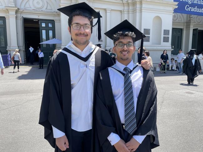 Srivats Varadarajan and Rishi Mahithe graduated with a Bachelor of Commerce at the 2024 University of Melbourne graduations. Picture: Himangi Singh