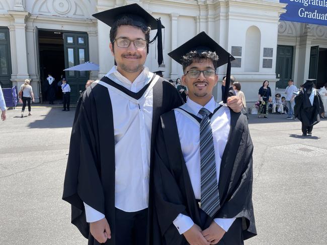 Srivats Varadarajan and Rishi Mahithe graduated with a Bachelor of Commerce at the 2024 University of Melbourne graduations. Picture: Himangi Singh