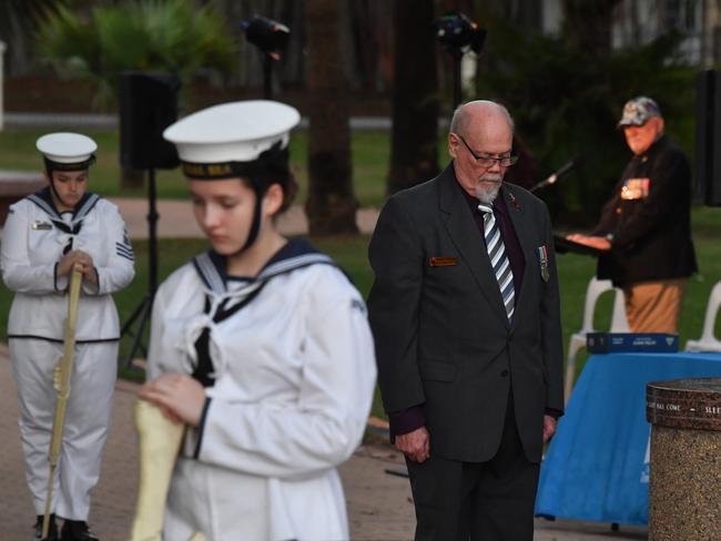 Dawn Service at Anzac Park for 83rd commemoration of Battle of Coral Sea. Townsville and District Sub Section of the Naval Association of Australia president Trevor Williams. Picture: Evan Morgan