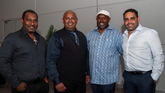 Pedro Nawia, Rage Sailor, Moses Wigness and Damien Mick at the 2024 NAIDOC Ball at the Darwin Convention Centre. Picture: Pema Tamang Pakhrin