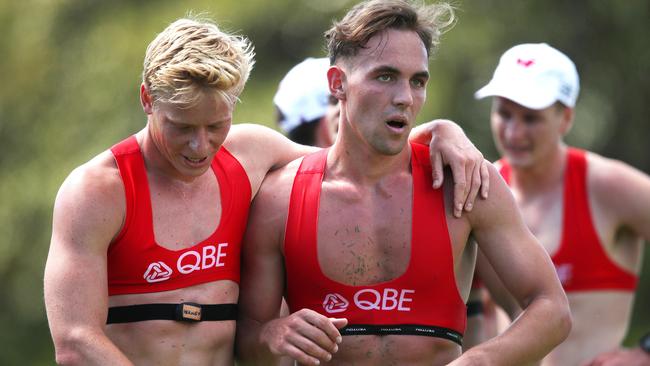 Isaac Heeney and new teammate Ryan Clarke at pre-season training. Picture: Phil Hillyard