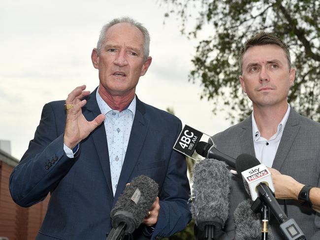 One Nation party officials Steve Dickson (left) and James Ashby field questions after the pair were caught in an al-Jazeera investigation. Picture: AAP