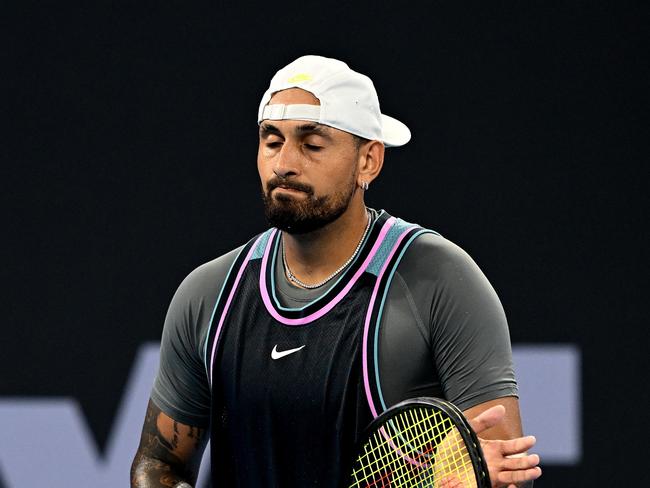 BRISBANE, AUSTRALIA - DECEMBER 31: Nick Kyrgios of Australia reacts after losing a point in his match against Giovanni Mpetshi Perricard of France during day three of the 2025 Brisbane International at Pat Rafter Arena on December 31, 2024 in Brisbane, Australia. (Photo by Bradley Kanaris/Getty Images)