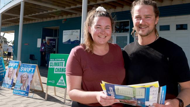 Madeline Lattanzio 26 with partner Joel Smith 34 from Seaview Downs outside the Bighton pre-polling booth after voting early in the 2022 Federal Election. Picture: Kelly Barnes