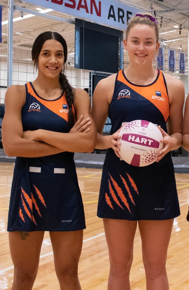 Firebird training partners Hulita Veve and Reilley Batcheldor will take to the court for QUT netball. Photo: Supplied Netball Qld