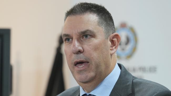 Officer in Charge of Major Crime Branch, Superintendent Darren Fielke, provided an update to the media on the investigation into the murder of Bill Frangos at Woodville Gardens in November last year. Picture: NewsWire / Dean Martin