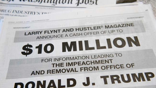 A 2015 full-page newspaper advertisement in the Washington Post offering $10 million for information leading to the impeachment and removal from office of US President Donald Trump.