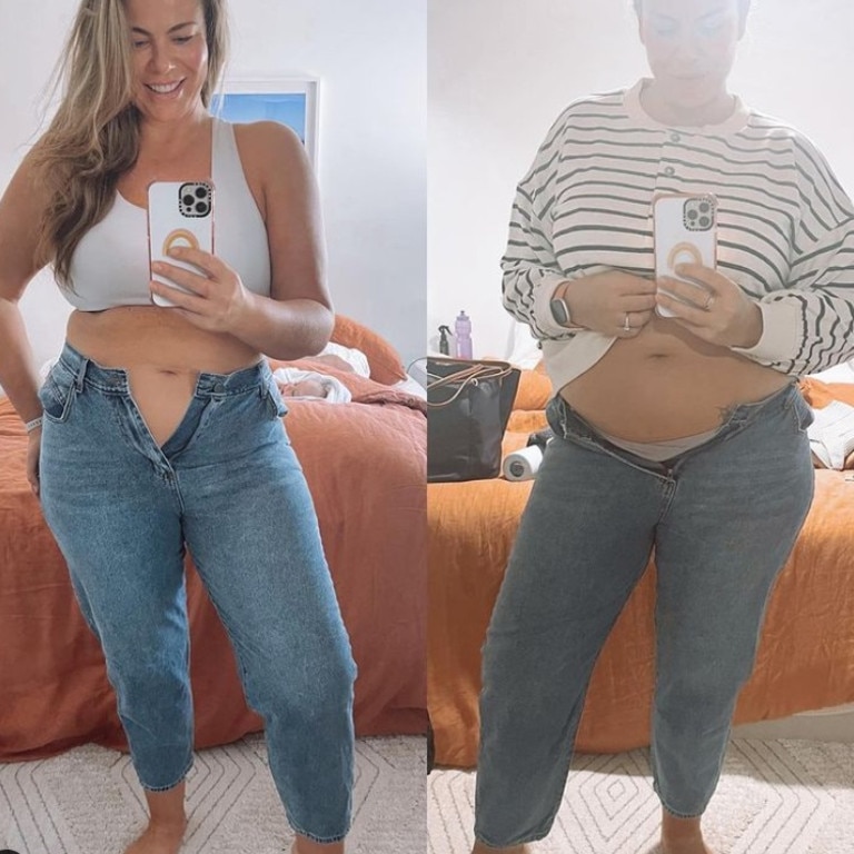 Fiona Falkiner, 38, showed off her weight loss in a side-by-side snap wearing a pair of the same Mum jeans. Picture: Instagram/FionaFalkiner