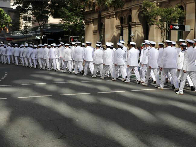 BRISBANE, AUSTRALIA - APRIL 25, 2017: Australian Royal Navy members march in the ANZAC parade.