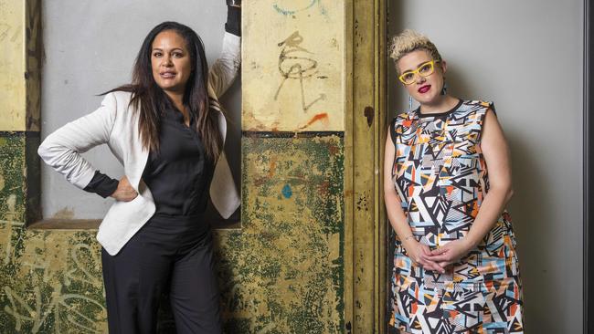 Christine Anu and Katie Noonan at the launch of the inaugural Australian Women in Music Awards at the Brisbane Powerhouse yesterday. Picture: Glenn Hunt.