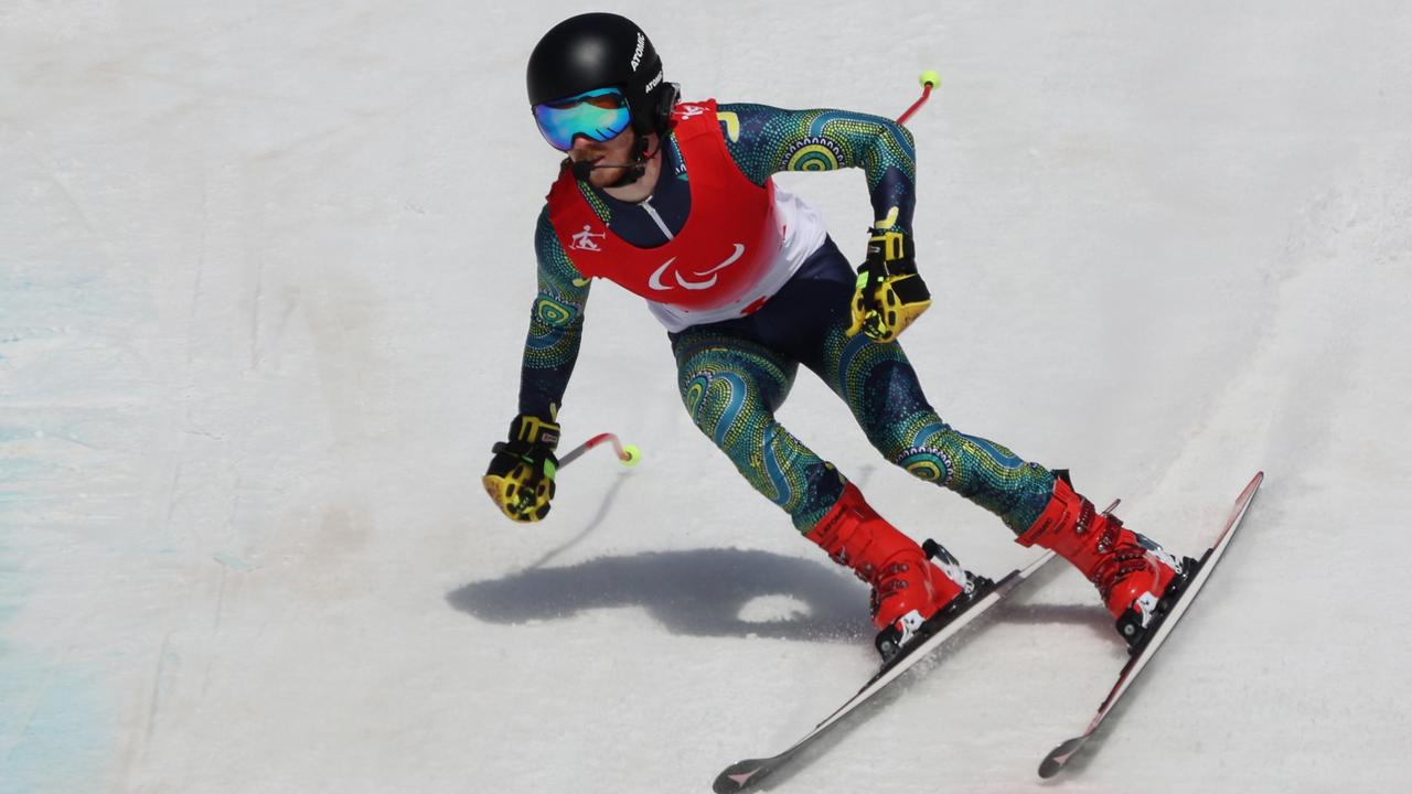 Aussie Super G vision impaired skier Patrick Jensen gets ready for his competition.