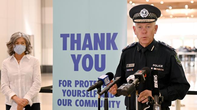 Police commissioner Grant Stevens and Professor Nicola Spurrier. Picture: Naomi Jellicoe