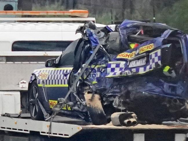 The wreckage of one of the police vehicles after a truck ploughed into the police officers. Photo: AAP
