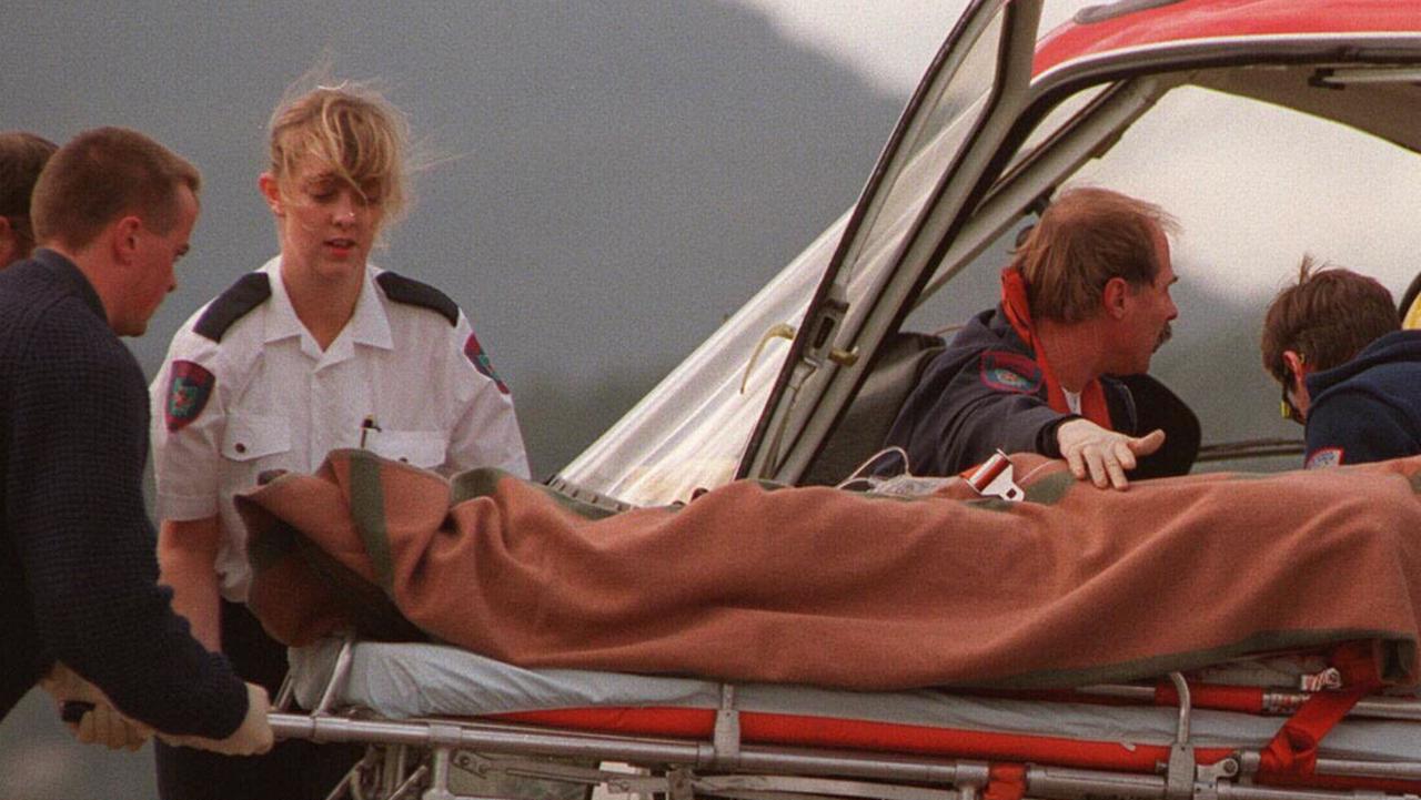 Wounded victim of Port Arthur massacre arrives by helicopter in Hobart on April 28, 1996.