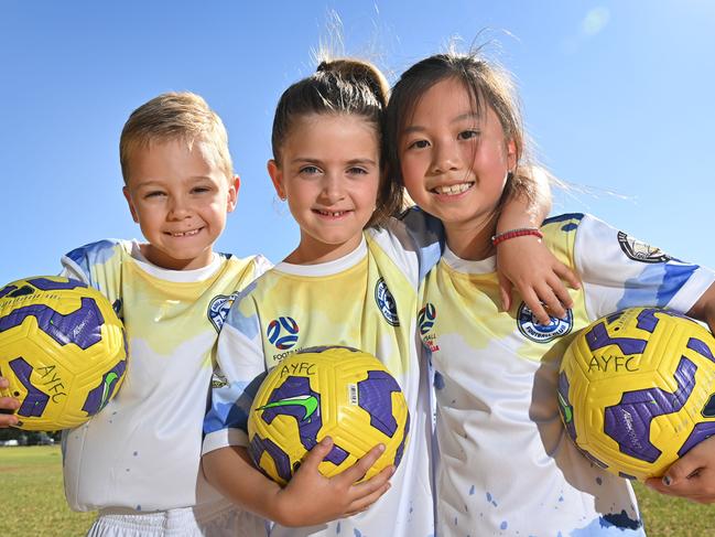 29/1/25. A new not-for-profit junior soccer club Adelaide Youth Football Club is being launched this weekend in Adelaide, aimed to make competitive soccer more affordable - Rafael Sciancalepore - 6, Ilijana Lambetis -6 and Alessia Zhao - 7yrs.Picture: Keryn Stevens