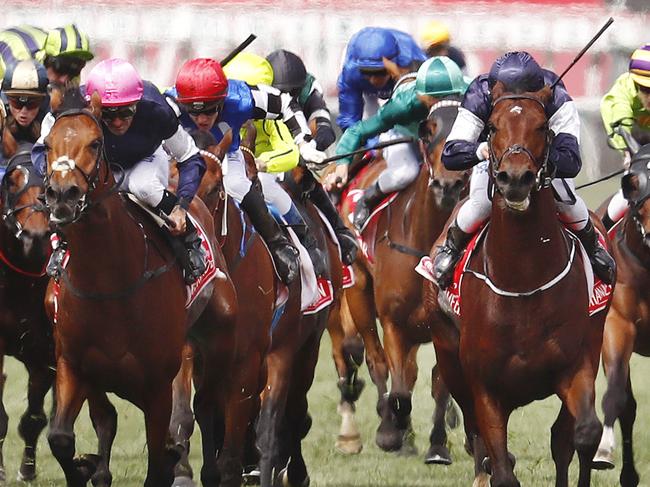 2017 Melbourne Cup at Flemington racecourse. Race 7. The Melbourne Cup. Rekindling ridden by Corey Brown (pink cap) and Johannes Vermeer ridden by Ben Melham battle out the finish   . Pic: Michael Klein