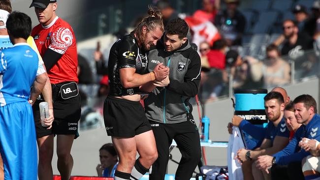 Kieran Foran left the field early with a shoulder injury. Picture: Fiona Goodall