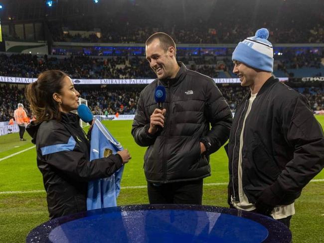 Penrith Panthers duo Isaah Yeo and Dylan Edwards are interviewed at Manchester City game.