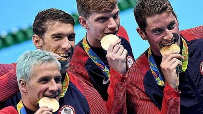 Ryan Lochte (left) with the rest of the men’s 4x200m freestyle relay celebrating gold in Rio. Picture: Instagram