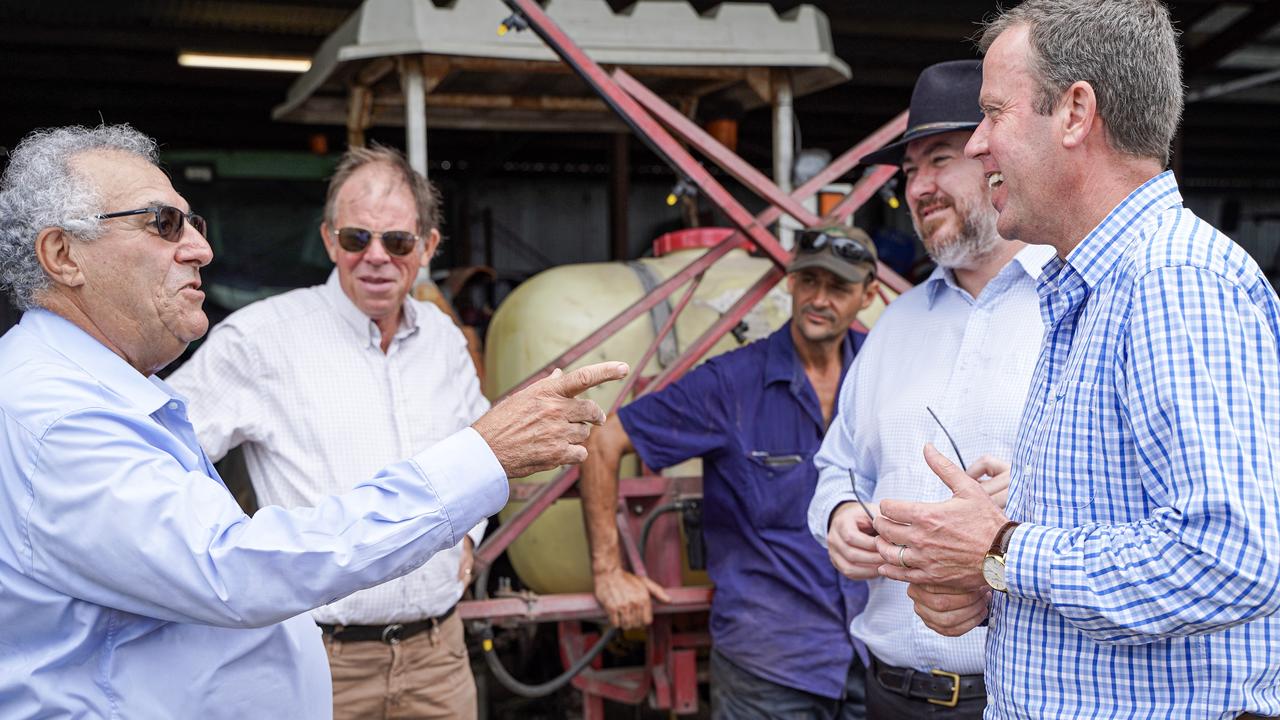 Canegrowers Queensland chairman Paul Schembri meeting with Dawson MP George Christensen and Minister for Trade, Tourism and Investment Dan Tehan at a shed talk on February 9, 2021. In the background are Canegrowers Mackay deputy chairman Anthony (Tony) Ross and Erakala sugarcane farmer Andre Camilleri. Picture: Heidi Petith