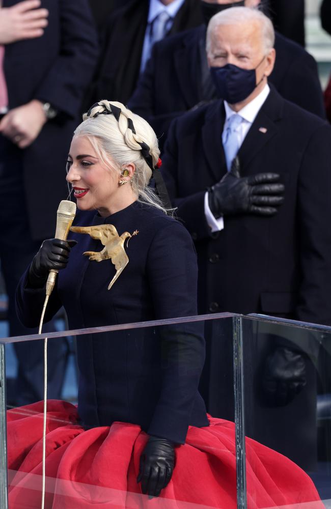 President Joe Biden looks on as Lady Gaga gives a stirring rendition of the national anthem. Picture: Alex Wong/Getty Images