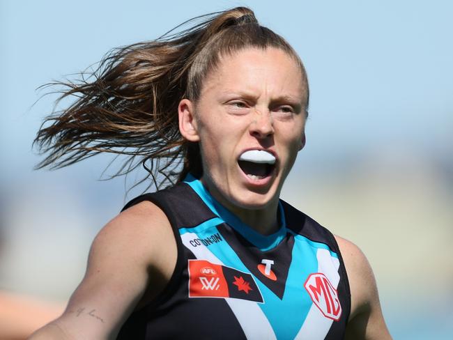 ADELAIDE, AUSTRALIA - NOVEMBER 10: Caitlin Wendland of the Power celebrates a goal during the 2024 AFLW Second Elimination Final match between the Port Adelaide Power and the Richmond Tigers at Alberton Oval on November 10, 2024 in Adelaide, Australia. (Photo by James Elsby/AFL Photos via Getty Images)