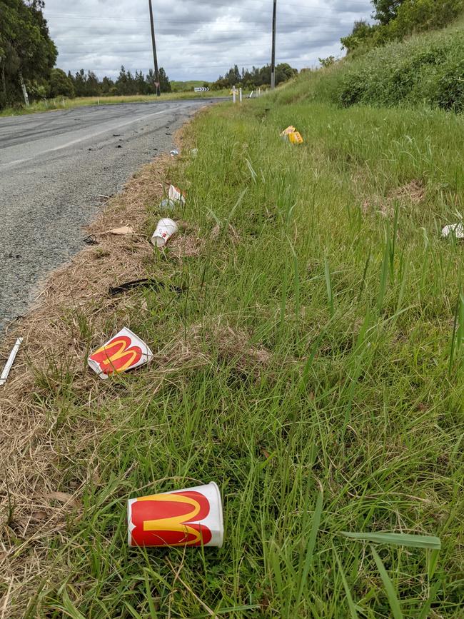 Litter at the scene of a hooning meet at Marks Road in Woongoolba. Picture: Keith Woods.