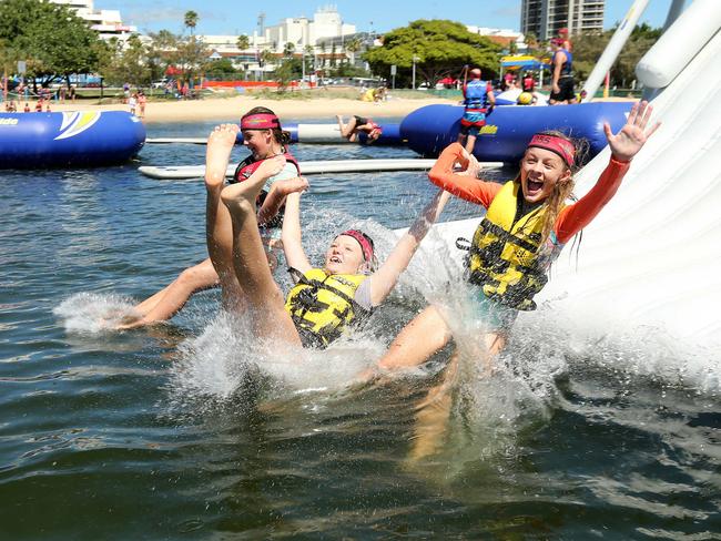 Pictured enjoying the Aquasplash marine park on the Broadwaterat  southport Zara Free 13 of Robina (long orane Sleeves) ,Ella Travis 12 of Melbourne (Board shorts) and Leah Penrose 12 of Robina . Parent is belinda Free O402238329 (duncan Frees Wife ). Picture Mike Batterham