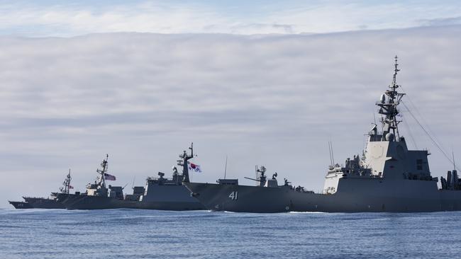 HMAS Brisbane, Japan Maritime Self-Defense Force destroyer JS Makinami, Republic of Korea Navy destroyer ROKS Wang Geon, and United States Navy destroyer USS Rafael Peralta sail through the East Australian Exercise Area during Exercise Pacific Vanguard, a quadrilateral exercise aimed at enhancing interoperability with like-minded partners in the region. It was the fourth time the exercise had been held and the first time ever that Australian waters. Picture: Supplied