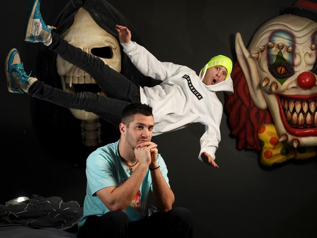 NOT NOT USE - ON HOLD FOR  SA WEEKEND. RackaRacka YouTube sensation Danny (fluro beanie) and brother Michael Philippou at their Adelaide home. Picture: Tricia Watkinson*dogs name is Scrappy