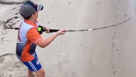 Jack Green reeling in a bull shark from a Mermaid Waters canal.