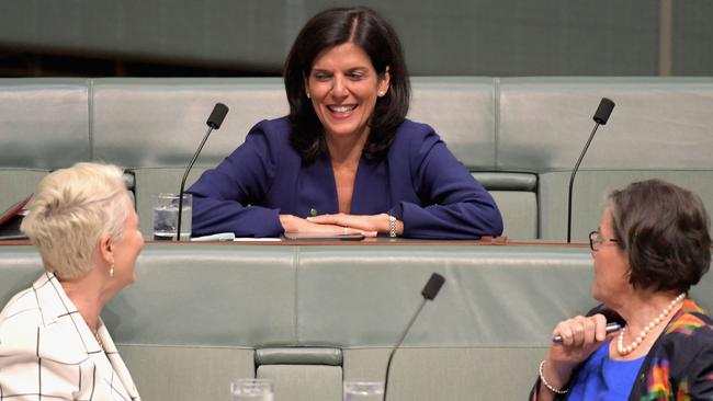 Meet the neighbours: Liberal Party defector Julia Banks, centre, joins the crossbench crew yesterday, with fellow independent MPs Kerryn Phelps, left, and Cathy McGowan. Picture: Getty Images