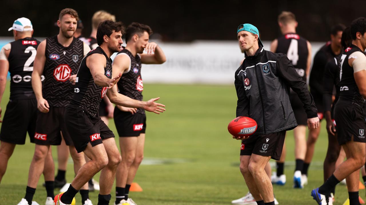 Hamish Hartlett handballs during a Port Adelaide finals training session. Picture: Getty Images