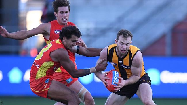 Hawthorn star Tom Mitchell against Gold Coast. Picture: AAP Image/Julian Smith