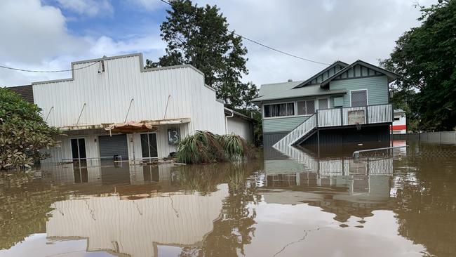 Flood water fills Ewing Street on March 1, 2022, a day after Lismore was hit by a record flood. Picture: Stuart Cumming