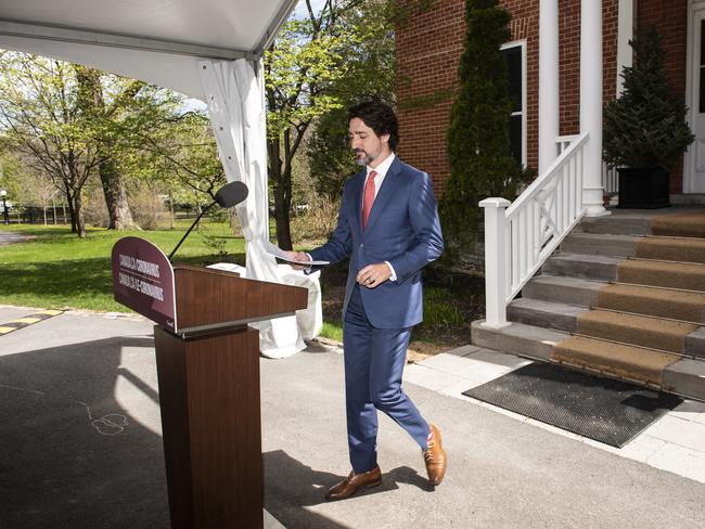 Canadian Prime Minister Justin Trudeau arrives for his daily news conference. Picture: AP.