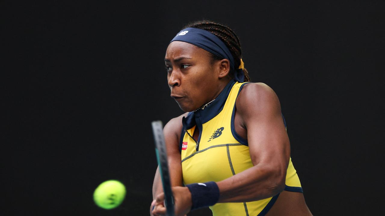 USA's Coco Gauff hits a return against Poland's Magdalena Frech. Picture: AFP