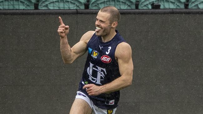 Launceston's Jay Blackberry celebrates after scoring a goal. Picture: LUKE BOWDEN