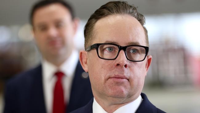 SYDNEY, AUSTRALIA - NewsWire Photos APRIL 8, 2022: Qantas Group CEO Alan Joyce pictured speaking at an event in a Qantas hanger at Sydney airport. Qantas and Jetstar make an announcement about two new international routes from Sydney.Picture: NCA NewsWire / Damian Shaw