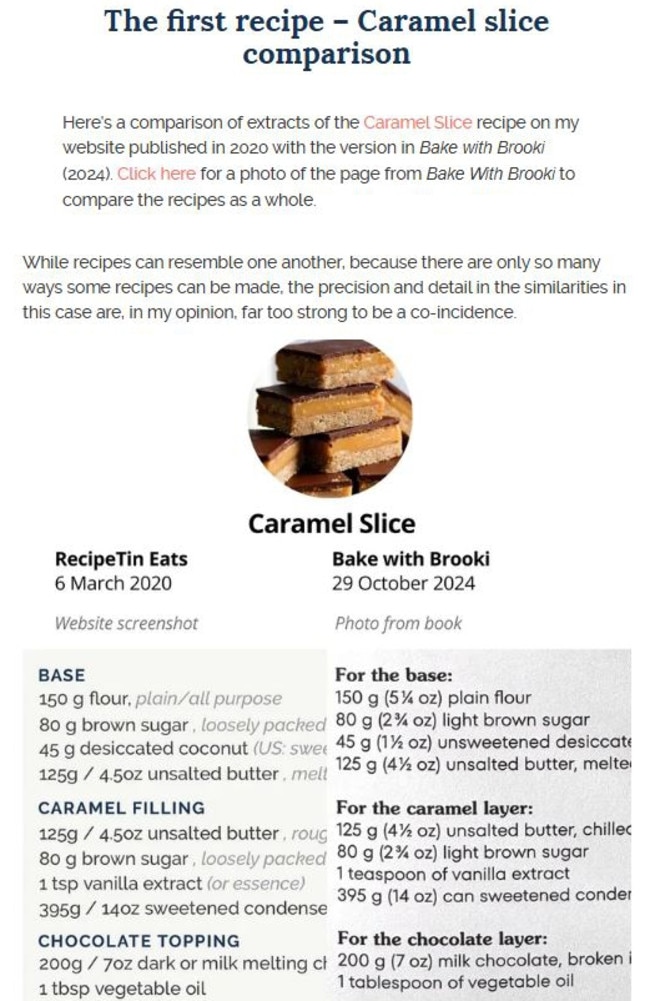 An Instagram post by Nagi Maehashi accusing Brooke Bellamy of copying her caramel slice recipe.
