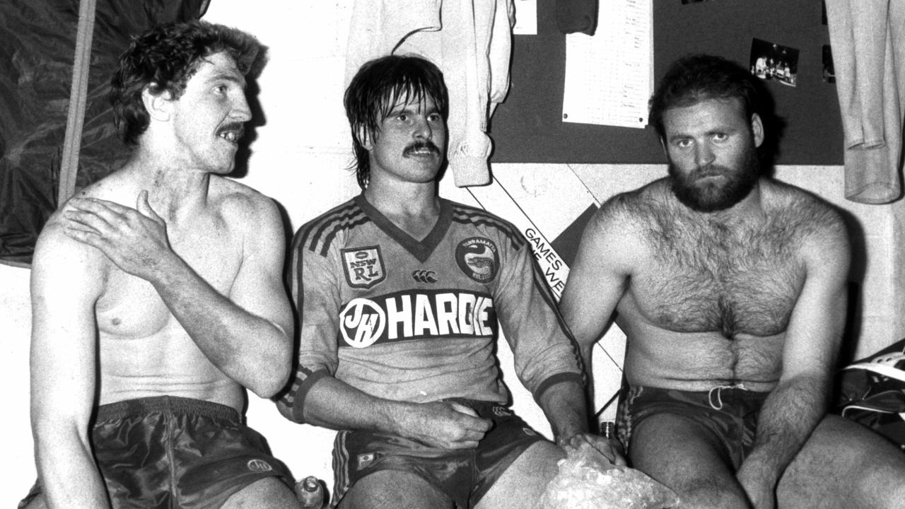 The Eels sides of the 1980s overflowed with talent: (L-R) Brett Kenny, Graeme Atkins and Eric Grothe in the dressing room. Picture: Peter Kurnik