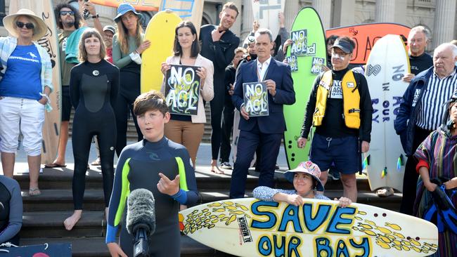 Protesters oppose the Victorian government's plans for the AGL gas import terminal at Westernport Bay. Picture: NCA NewsWire / Andrew Henshaw.