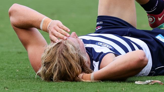 Sam De Koning is one of the players in the red zone. (Photo by Russell Freeman/AFL Photos via Getty Images)