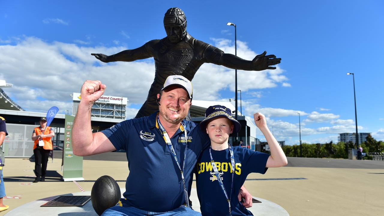 Tim Doyle and Riley, 11, before the game. Picture: Evan Morgan