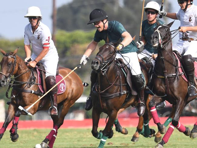 Prince Harry just before his dramatic fall at the Santa Barbara Polo and Racquet Club. Picture: GAC / MEGA TheMegaAgency.com