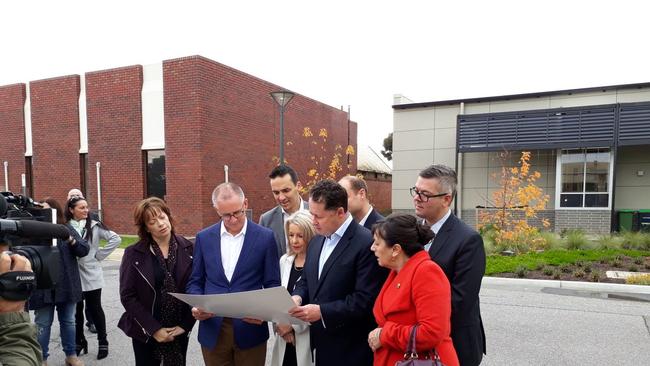 Health Minister Jack Sneling, Premier Jay Weatherill and Independent MP Frances Bedford at this morning’s announcement. Photo: Adam Langenberg.