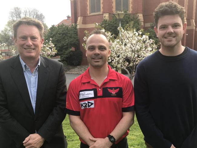 New Old Scotch coach Mark Gnatt with president Tim Shearer and skipper Gene van den Broek. Picture: Supplied