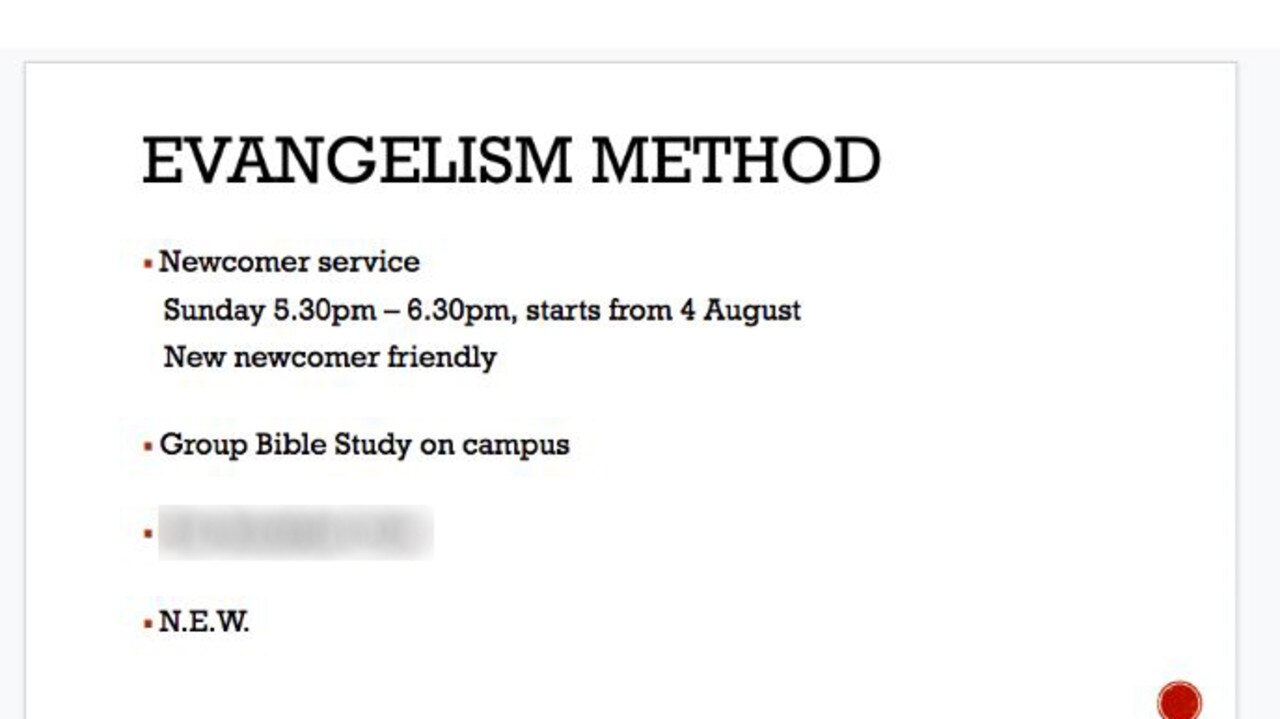 A leaked PowerPoint slide describing Providence's evangelism methods, including listing the name of the university society on one of the dot points.